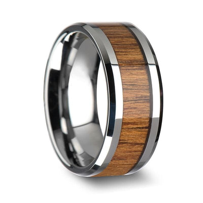 Genuine Teak Wood Inlaid Tungsten Wedding Band With Beveled Edges 6mm - 10mm