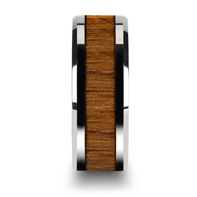 Genuine Teak Wood Inlaid Tungsten Wedding Band With Beveled Edges 6mm - 10mm