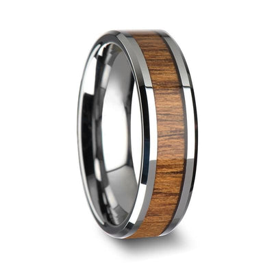 Genuine Teak Wood Inlaid Tungsten Wedding Band With Beveled Edges 6mm - 10mm