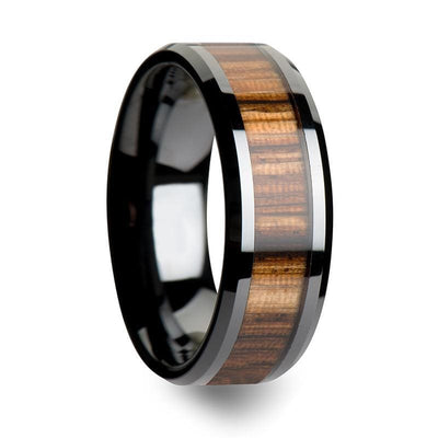 Genuine Zebra Wood Inlaid Black Ceramic Wedding Band For Men & Women 4mm-10mm