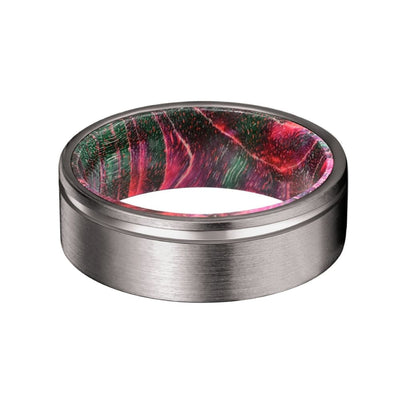 GERO Men’s Grooved Tungsten Ring w/ Red & Green Box Elder Wood Sleeve 8mm