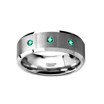 Green Emerald Silver Tungsten Wedding Ring Brushed Beveled Edges w/ 3 Emeralds - 8mm