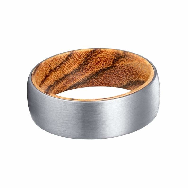 GRIAN Brushed Tungsten Carbide Wedding Band w/ Bocote Wood Sleeve 8mm