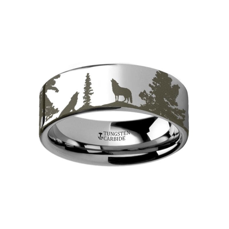 HARLAN Landscape Scene Wolf Wolves Engraved Flat Tungsten Ring 4mm - 12mm