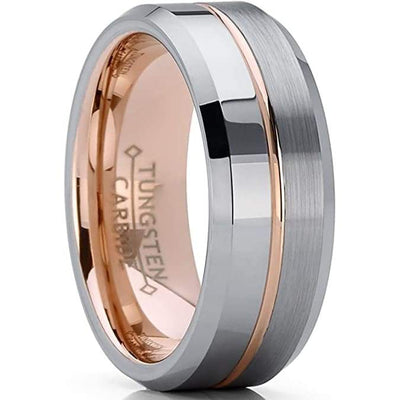 Mens Rose Gold Inlaid Tungsten Carbide Ring Brushed Comfort Fit - 8mm