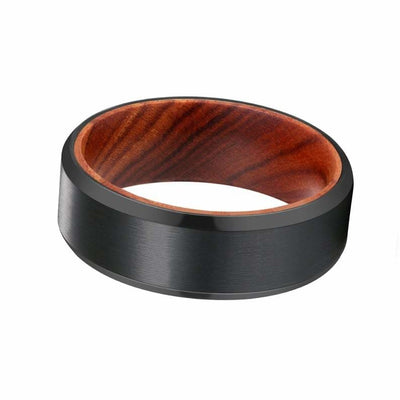 HECTOR Beveled Black Tungsten Carbide Ring with Iron Wood Sleeve 8MM