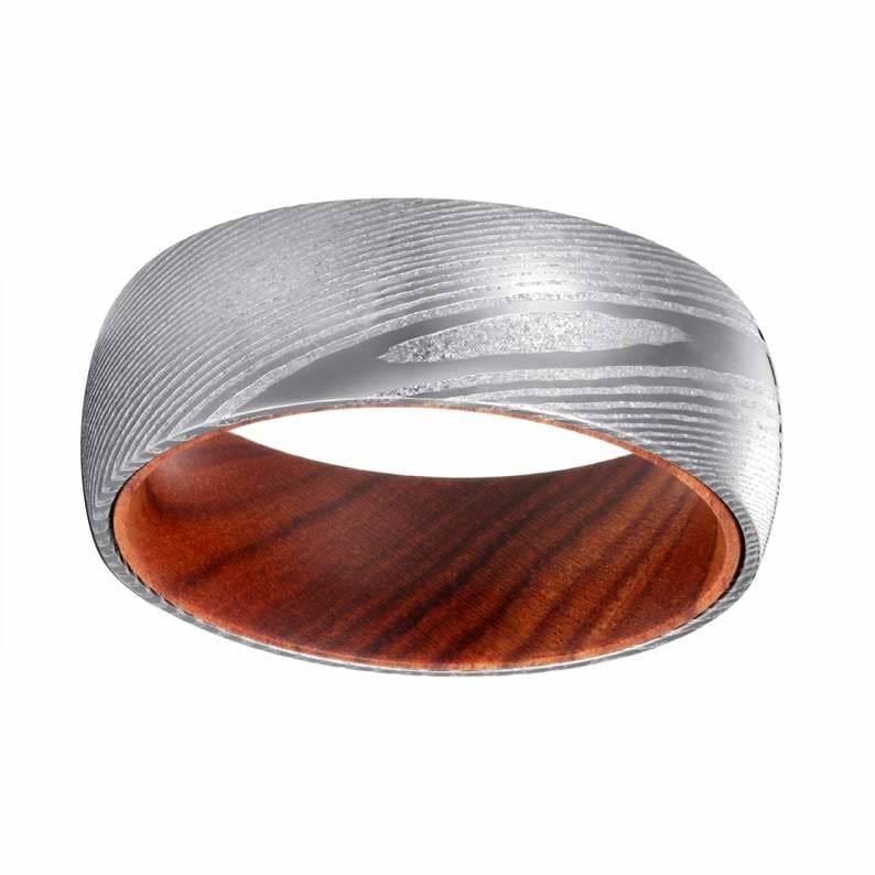 HEMI Men’s Domed Damascus Steel Ring with Iron Wood Sleeve 8mm