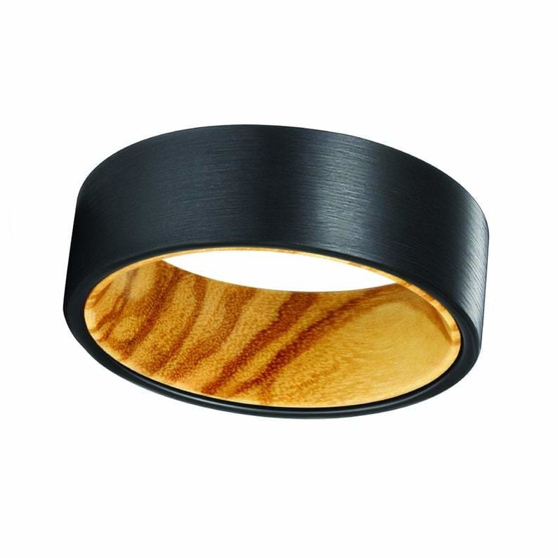 HIERO Brushed Flat Black Tungsten Wedding Band w/ Olive Wood Sleeve 8MM