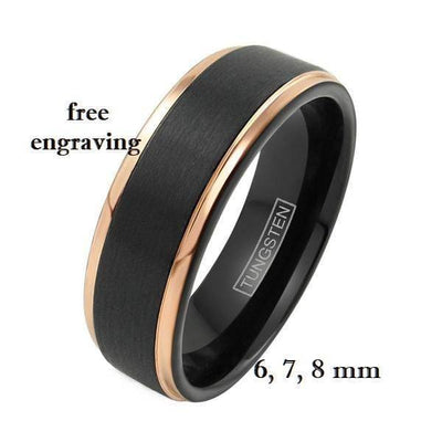 Honovi Exquisite Black Tungsten Ring Rose Gold Stepped Edges & Brushed Center 6mm - 8mm