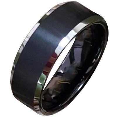 Imani Exquisite Black Tungsten Ring With Brushed Finish and Silver Beveled Edges 8mm