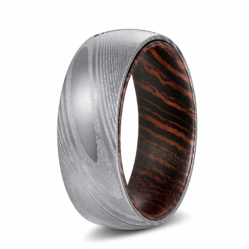 JABILO Domed Damascus Steel Ring for Him with Wenge Wood Sleeve - 8mm