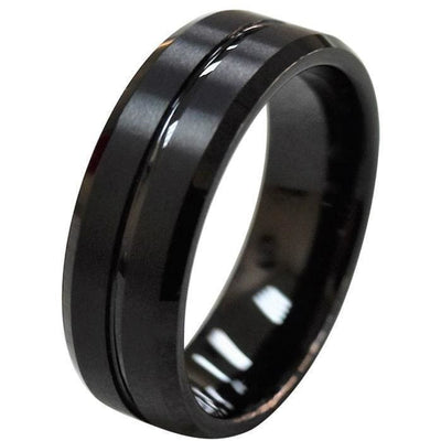 Jaden Men’s Black Tungsten Wedding Band Brushed Finish Groove Center - 8mm