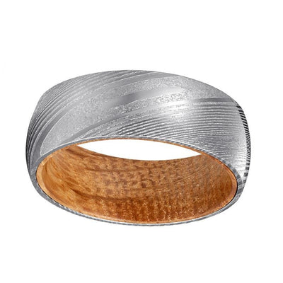 JAFARU Domed Damascus Steel Band with Whiskey Barrel Wood Sleeve - 8mm