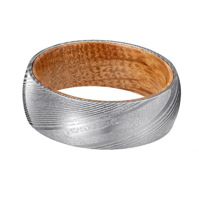 JAFARU Domed Damascus Steel Band with Whiskey Barrel Wood Sleeve - 8mm