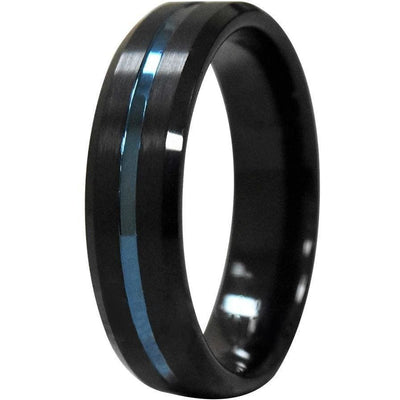 JALEN Black Tungsten Carbide Ring w/ Ion Plated Blue Stripe and Beveled Edges - 6mm & 8mm