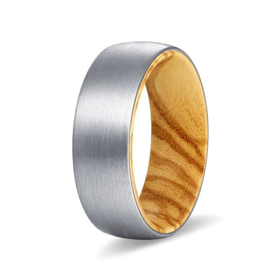 JENGO Men’s Domed Tungsten Ring Brushed Finish w/ Olive Wood Sleeve - 8mm