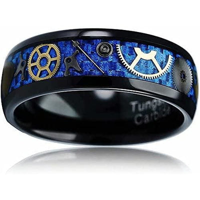 Joplin Domed Black Tungsten Ring Steampunk Blue Gear Carbon Fiber Inlay - 8mm