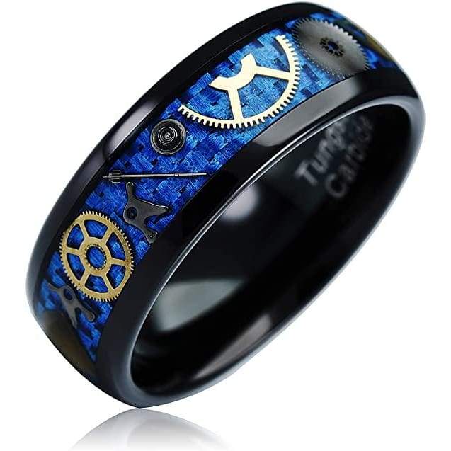 Joplin Domed Black Tungsten Ring Steampunk Blue Gear Carbon Fiber Inlay - 8mm