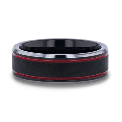 JULIUS Men’s Black Tungsten Wedding Ring With Double Red Stripe Grooves - 8mm