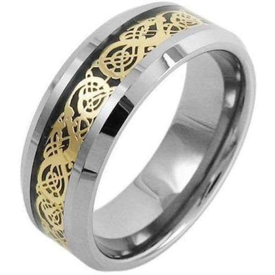 Kaelin Tungsten Wedding Band W/ Celtic Yellow Dragon On a Black Inlay - 8mm