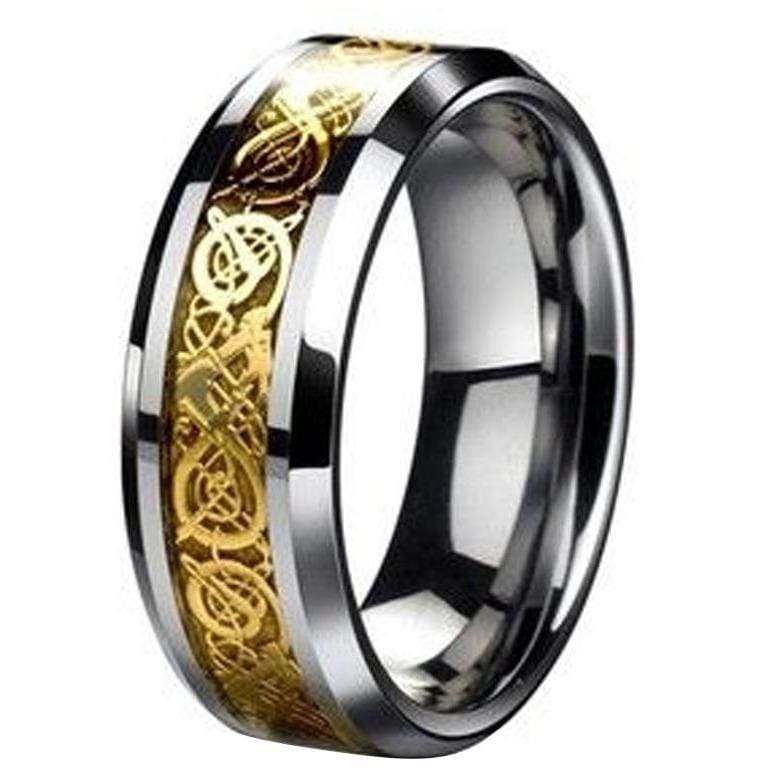 Kaelin Tungsten Wedding Band W/ Celtic Yellow Dragon On a Black Inlay - 8mm