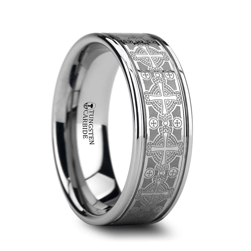 KARLO Pipe Cut Men’s Tungsten Carbide Ring Laser Engraved Celtic Crosses - 8mm