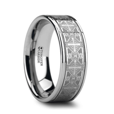 KARLO Pipe Cut Men’s Tungsten Carbide Ring Laser Engraved Celtic Crosses - 8mm