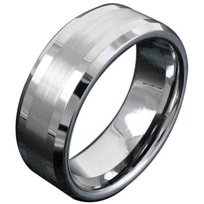 Kellan Tungsten Carbide Ring With Thin Brushed Center and High Polished Beveled Edges 8mm