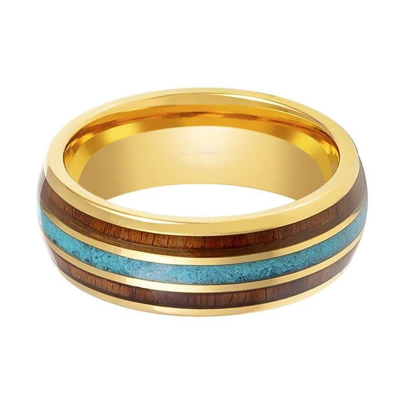 Kelso Gold Tungsten Ring with Rosewood and Crushed Turquoise Inlay - 8mm