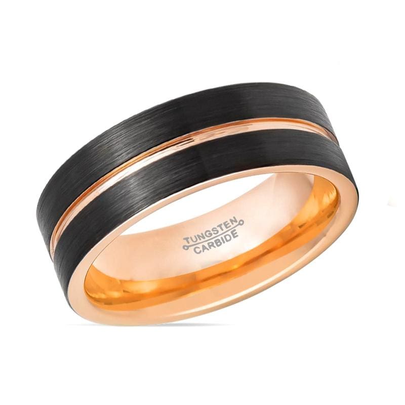 KHAN Men’s Two-Tone Black Tungsten Ring with Rose Gold Groove and Inside - 8MM