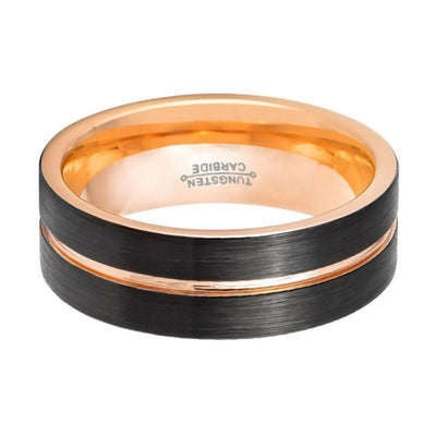 KHAN Men’s Two-Tone Black Tungsten Ring with Rose Gold Groove and Inside - 8MM