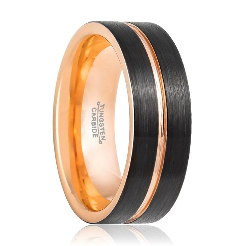 KHAN Men’s Two-Tone Black Tungsten Ring with Rose Gold Groove and Inside - 8MM