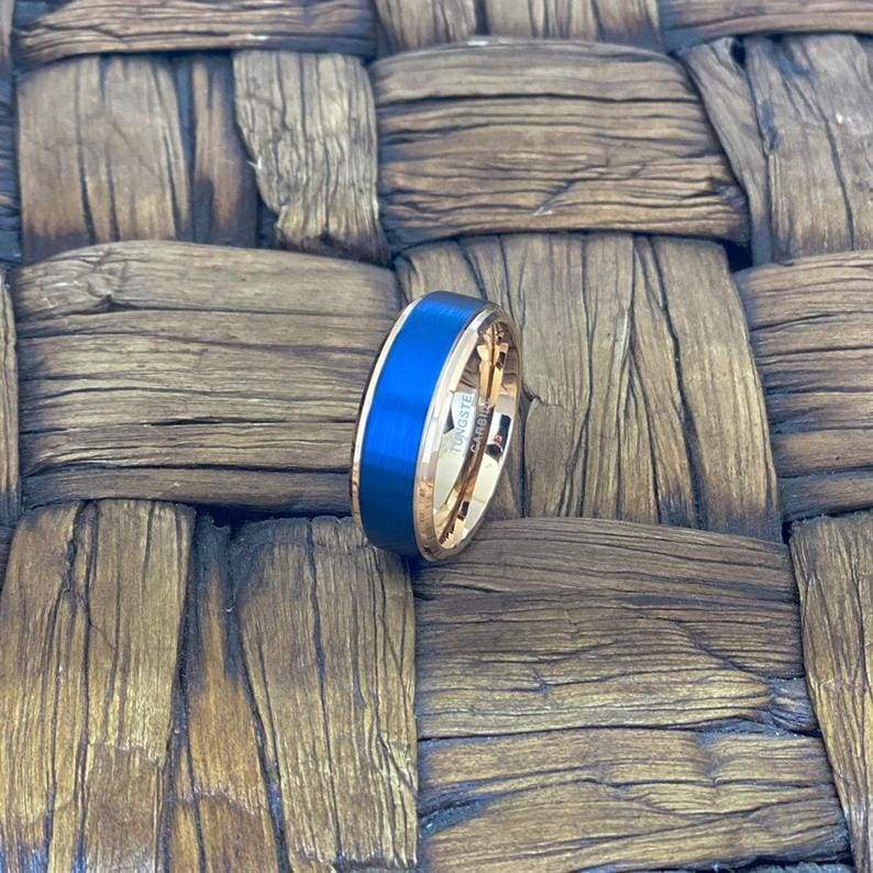 KIANO Men’s Blue Brushed Tungsten Ring with Rose Gold Step Edges & inside 8mm