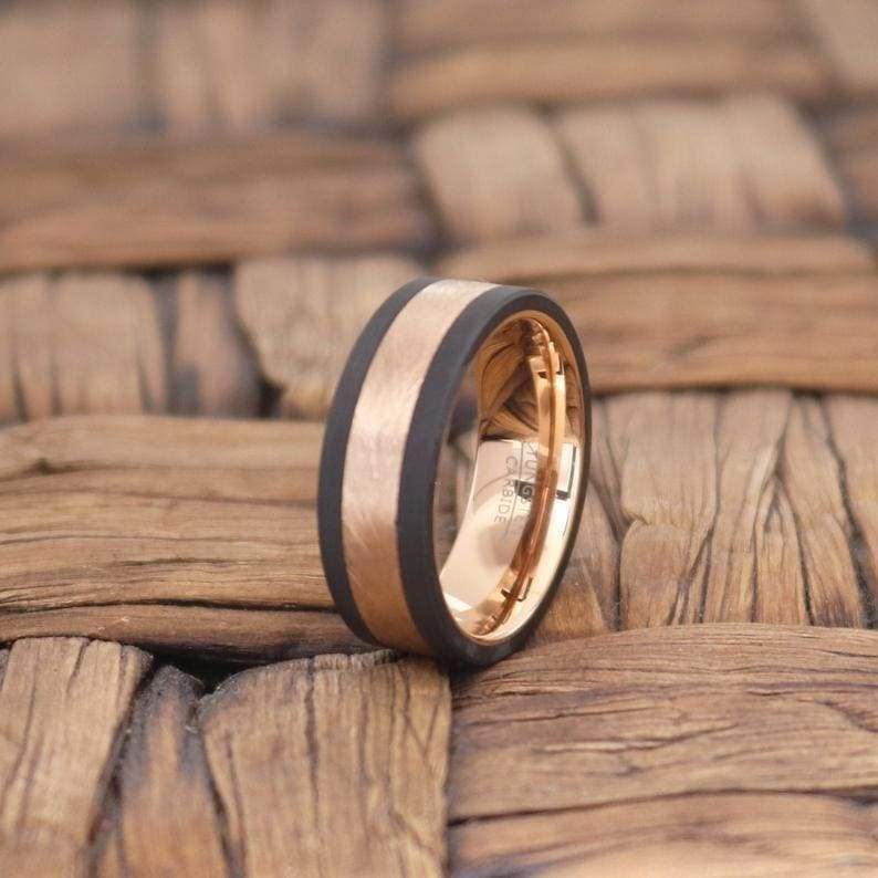 KIHO Men’s Black Tungsten Wedding Band with Rose Gold Inlaid Center & Inside - 8MM