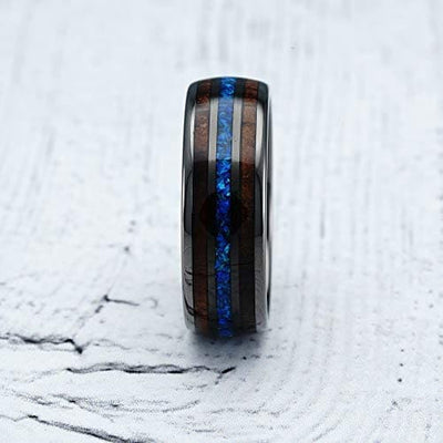 Lamar Men’s Koa Wood Blue Opal Inlaid Wedding Band Black Tungsten Ring - 8mm