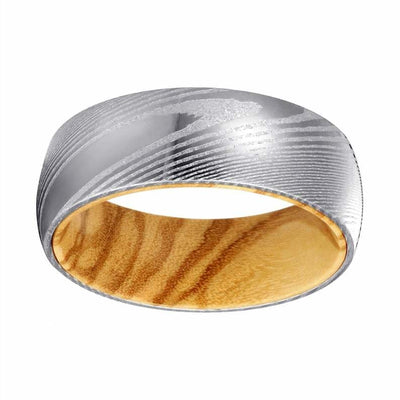 LANTO Men’s Domed Damascus Steel Ring with Olive Wood Sleeve 8MM