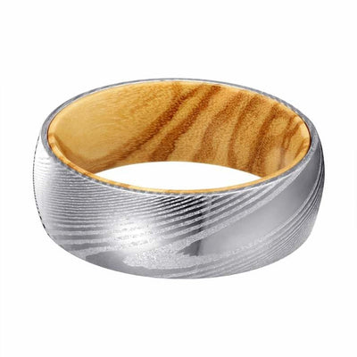 LANTO Men’s Domed Damascus Steel Ring with Olive Wood Sleeve 8MM