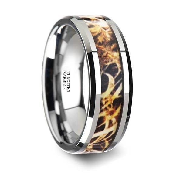 Leaves Grassland Silver Tungsten Camo Wedding Band Beveled Polished Finish - 8mm