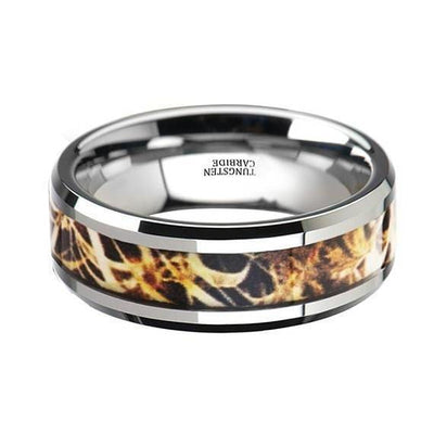 Leaves Grassland Silver Tungsten Camo Wedding Band Beveled Polished Finish - 8mm