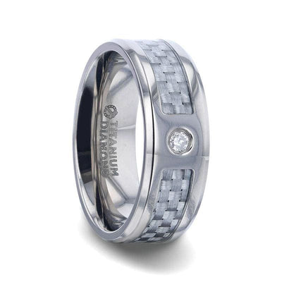 Light Gray Carbon Fiber Titanium Ring White Diamond In The Squared Center Setting