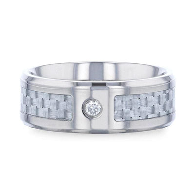 Light Gray Carbon Fiber Titanium Ring White Diamond In The Squared Center Setting