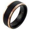 Linden Black Tungsten Wedding Band Set With Rose Gold Plated Stepped Edges - 6mm & 8mm