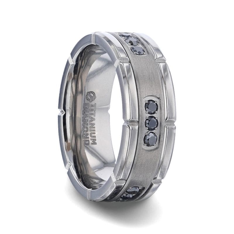 MACON Titanium Ring Double Grooved Polished Edges & Black Diamond Settings