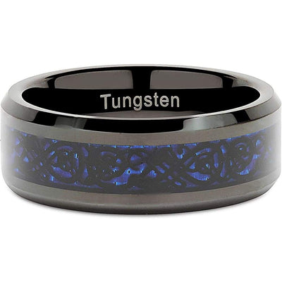 Malden Men’s Black Tungsten Band Celtic Dragon Blue Carbon Fiber Inlay - 8mm