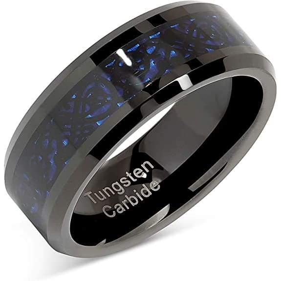 Malden Men’s Black Tungsten Band Celtic Dragon Blue Carbon Fiber Inlay - 8mm