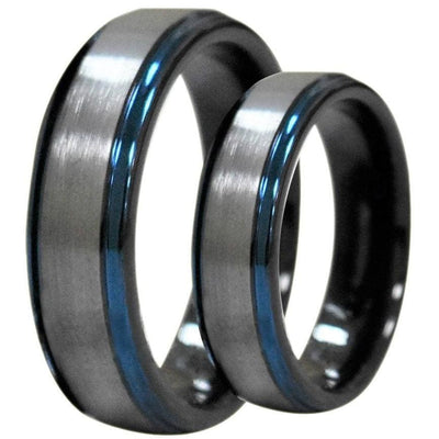 Margit Tungsten Wedding Band Set With Ion Plated Blue Stepped Edges - 6mm & 8mm