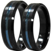 Marquise Beveled Black Tungsten Wedding Band Set With Blue Grooved Center 6mm & 8mm