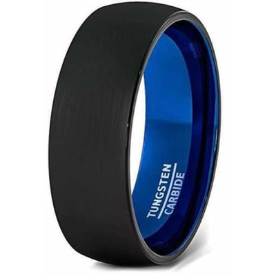 Men Domed Black Tungsten Wedding Ring With Brushed Center Blue Inside 6mm & 8mm