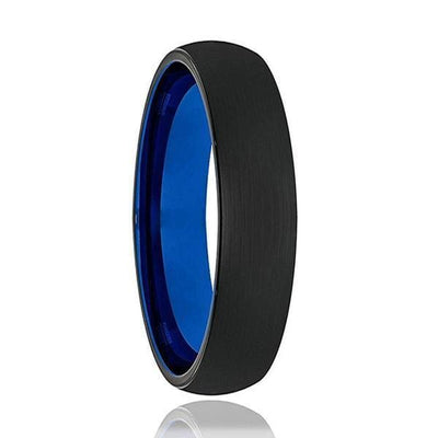 Men Domed Black Tungsten Wedding Ring With Brushed Center Blue Inside 6mm & 8mm