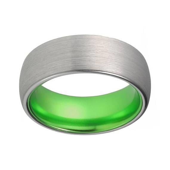 Mens Acid Green Tungsten Wedding Ring Brushed Silver Inlay- 8mm